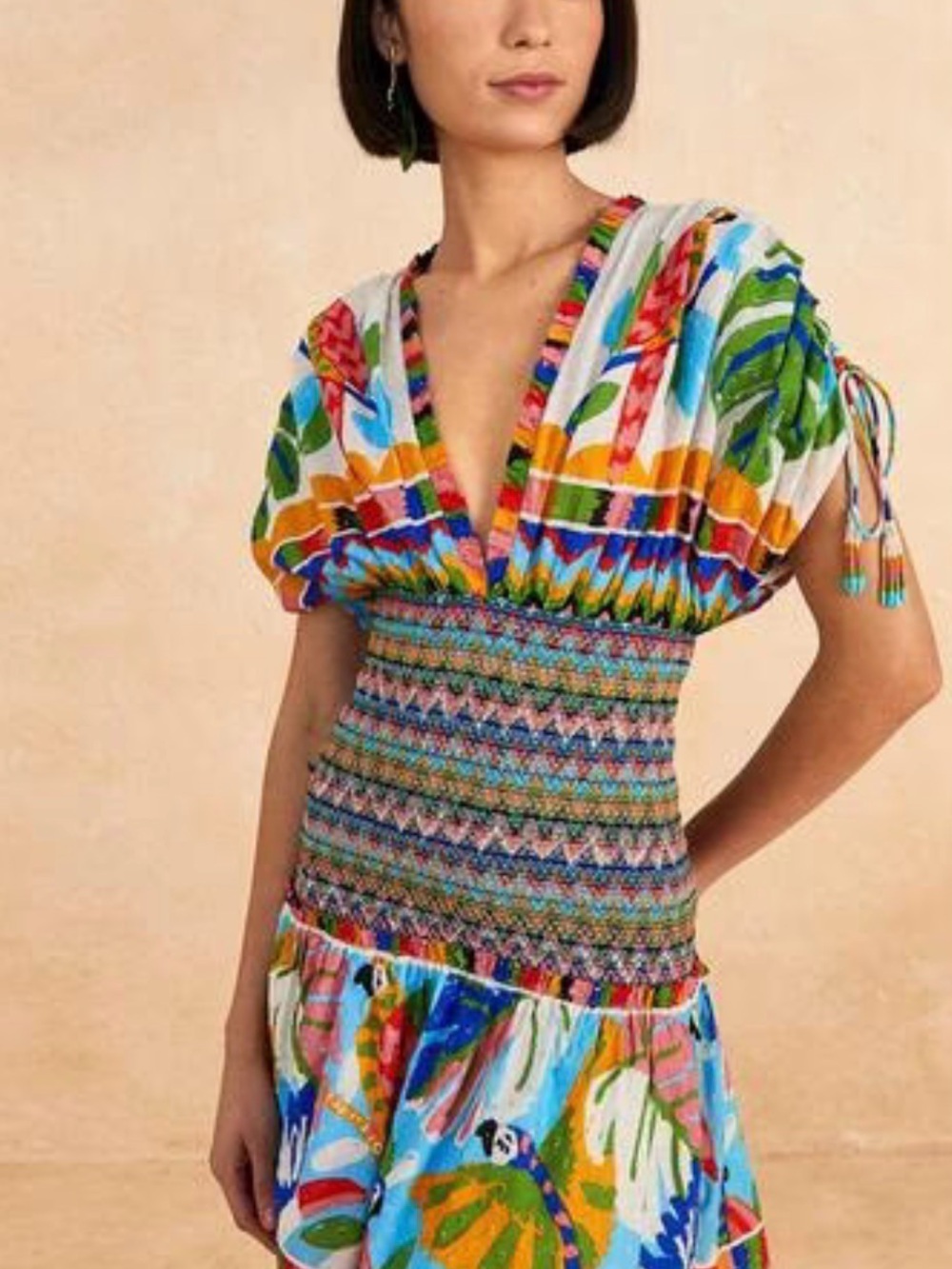 FARM Rio Colorful Forest Smocked Tiered Mini Sundress